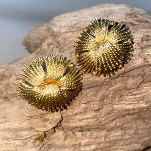 Vintage Gold Tone Pierced Earrings Round Textured Burst Design Unique Design